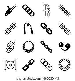 Chain icons set. set of 16 chain filled and outline icons such as chain saw, necklace, gong