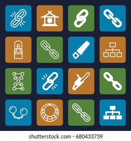 Chain icons set. set of 16 chain filled and outline icons such as gong, saw, structure, office supply, necklace, dna