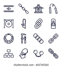 chain icons set. Set of 16 chain outline icons such as gong, chainsaw, structure, office supply, home key tag, necklace, arrow
