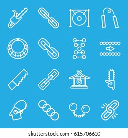 Chain icons set. set of 16 chain outline icons such as gong, saw, chainsaw, home key tag, necklace, arrow