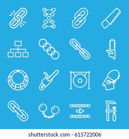 Chain icons set. set of 16 chain outline icons such as saw, chainsaw, structure, gong, home key tag, necklace, arrow, dna