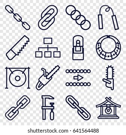 Chain icons set. set of 16 chain outline icons such as gong, saw, chainsaw, structure, office supply, necklace, arrow