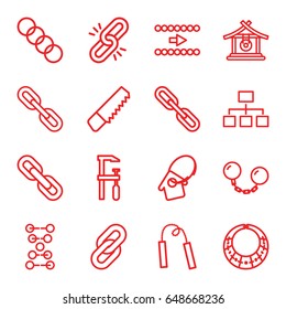 Chain icons set. set of 16 chain outline icons such as gong, saw, chainsaw, structure, home key tag, necklace, arrow, dna