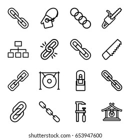 Chain icons set. set of 16 chain outline icons such as gong, saw, chainsaw, structure, office supply, home key tag