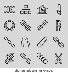 Chain icons set. set of 16 chain outline icons such as gong, saw, chainsaw, structure, necklace, arrow, dna