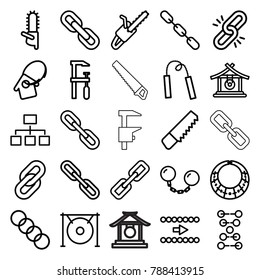Chain icons. set of 25 editable outline chain icons such as gong, saw, chainsaw, arrow, dna, structure, link, home key tag
