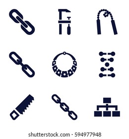 chain icons set. Set of 9 chain filled icons such as saw, chainsaw, structure, necklace