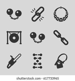 Chain icons set. set of 9 chain filled icons such as gong, home key tag, necklace