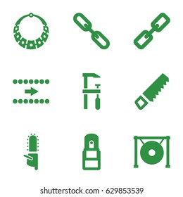 Chain icons set. set of 9 chain filled icons such as saw, chainsaw, chain, gong, office supply, necklace