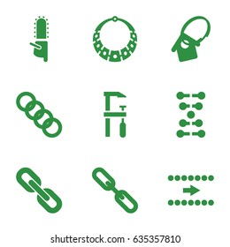 Chain icons set. set of 9 chain filled icons such as chainsaw, chain, home key tag, necklace, arrow