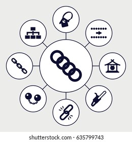Chain icons set. set of 9 chain filled icons such as gong, structure, home key tag