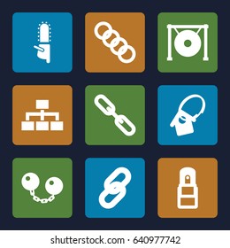Chain icons set. set of 9 chain filled icons such as chainsaw, structure, gong, office supply, home key tag
