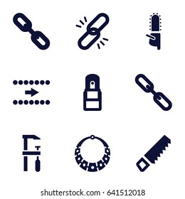 Chain icons set. set of 9 chain filled icons such as saw, chainsaw, chain, office supply, necklace, arrow