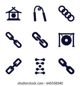 Chain icons set. set of 9 chain filled icons such as gong, dna