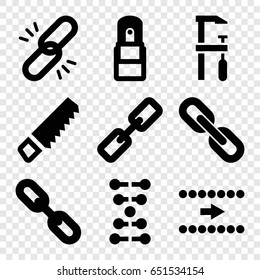 Chain icons set. set of 9 chain filled icons such as saw, chainsaw, office supply, chain, arrow, dna