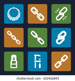 Chain icons set. set of 9 chain filled icons such as chainsaw, chain, office supply, necklace
