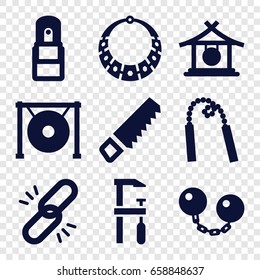Chain icons set. set of 9 chain filled icons such as gong, saw, chainsaw, office supply