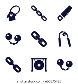 Chain icons set. set of 9 chain filled icons such as saw, gong, home key tag