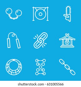Chain icons set. set of 9 chain outline icons such as gong, chainsaw, necklace