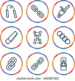 Chain icons set. set of 9 chain outline icons such as saw, office supply, dna