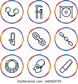 Chain icons set. set of 9 chain outline icons such as saw, chainsaw, gong, home key tag