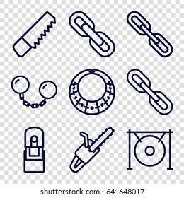 Chain icons set. set of 9 chain outline icons such as saw, gong, office supply, necklace