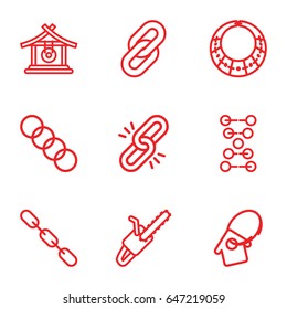 Chain icons set. set of 9 chain outline icons such as gong, home key tag, necklace, dna