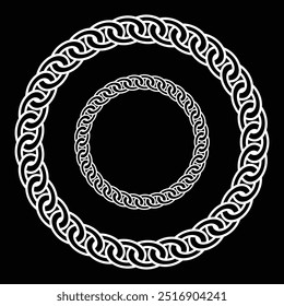 Kettensymbole. Satz von Kettenvektorzeichen oder -symbolen. Weiße Kreiskette einzeln auf schwarzem Hintergrund. Kettensymbol mit flachem Stil. Modernes Flachsymbol einzeln auf Weiß. Vektorgrafik. 10 EPS