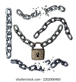 chain iron set hand drawn vector. metal steel, security silver, safety strength, protection metallic, secure industry, connection, stainless chain iron sketch. isolated color illustration