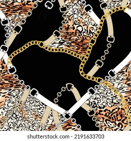 Chain with  leopard skin patchwork pattern on black background