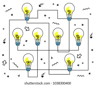 Chain of light bulbs, network of ideas vector illustration