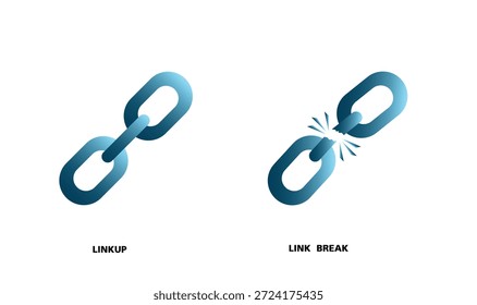 Enlace de cadena e ícono de Enlace roto que representa la conexión y la desconexión. Ilustración azul limpia aislada sobre fondo blanco.