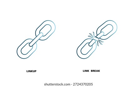Enlace de cadena e ícono de Enlace roto que representa la conexión y la desconexión. Ilustración azul limpia aislada sobre fondo blanco.