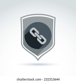 Chain link classic icon on a protection shield, teamwork system and social relations defending, vector conceptual unusual symbol for your design.