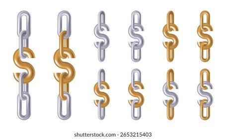 Chain link dollar. Money value for secure business. Safe payment, financial stability 3d icon. Gold strength, silver cost investment. Funds connect economy to reliable profit. Tax credit slavery
