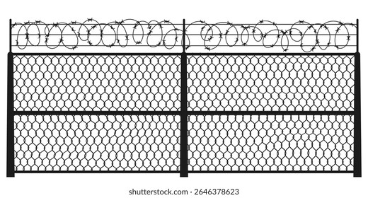 Cerca de corrente com arame farpado. Construção de metal com farpas afiadas para segurança prisional, militar ou de fronteira. Barreira de aço ou design de gaiola. Ilustração vetorial.