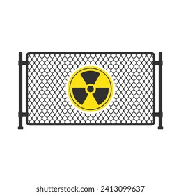 Chain link fence with danger yellow radioactive sign. Fences made of metal wire mesh on white background. Wired Fence pattern in flat style. 