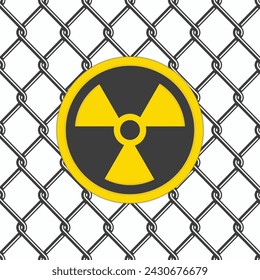 Chain link fence with danger yellow radioactive sign. Fences made of metal wire mesh on white background. Wired Fence pattern in flat style. 