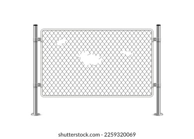 Kettenverbindungszaun mit Loch-Vektorgrafik. 3D-realistisches Netz-Sicherheitsbarriere aus Metall mit zerbrochenem Netz zwischen Stahl- oder Eisenstästen, isolierte Randsilberstruktur für den Zaunumfang