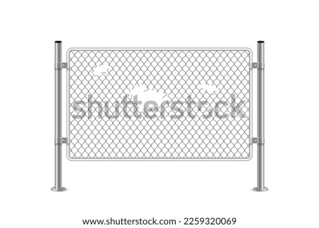 Chain link fence with hole vector illustration. 3D realistic metal grid safety barrier with broken mesh net between steel or iron poles, isolated ripped border silver structure for fence perimeter