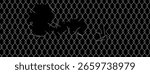 Chain link fence mesh pattern with torn metal texture and broken wire grid for urban industrial background. Damaged security barrier with holes and ripped sections. Black metallic fencing material.