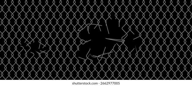 Chain link fence mesh pattern with torn metal texture and broken wire grid for urban industrial background. Damaged security barrier with holes and ripped sections. Black metallic fencing material.