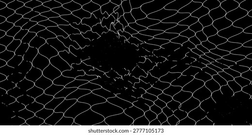 Chain link fence mesh pattern with torn metal texture and broken wire grid for urban industrial background. Damaged security barrier with holes and ripped sections. Black metallic fencing material.