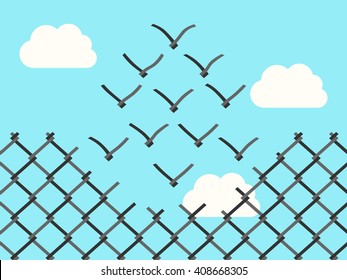 Chain link fence transforming into wire mesh birds flying away. Freedom, success, positive thinking, motivation, inspiration and courage concept. EPS 8 vector illustration, no transparency