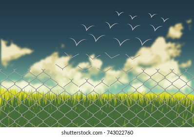 Chain link fence transforming into wire mesh birds flying away.Freedom, success, motivation, inspiration and courage concept. Vector illustration