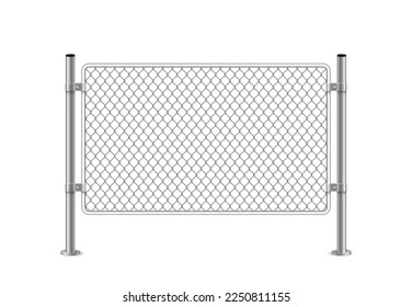 Chain link fence vector illustration. 3D realistic metal grid safety barrier with mesh net between steel or iron poles, isolated border silver or steel structure for fence perimeter.