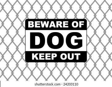 chain link fence with warning sign - vector image