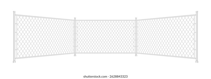 Chain link fence. Wired mesh of a steel fence. Silver chain link fence isolated on a white background. Vector