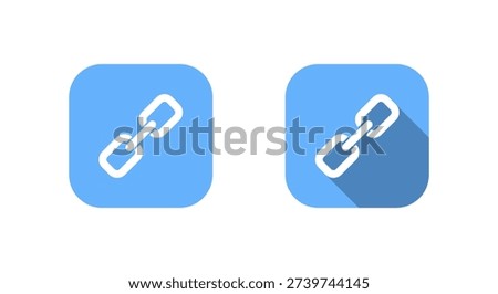 Chain link icon with long shadow. Hyperlink symbol in blue square