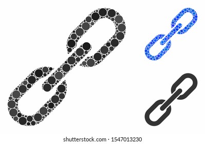Chain link mosaic of filled circles in different sizes and color tones, based on chain link icon. Vector filled circles are composed into blue mosaic.
